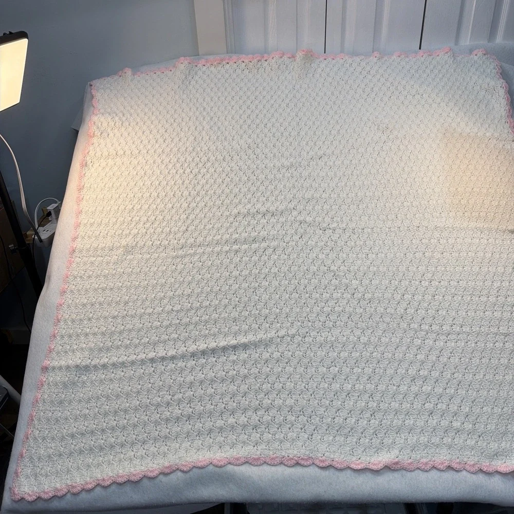 Handmade Crochet Baby Blanket White With Pink Border. With‎ A Little Sparkle